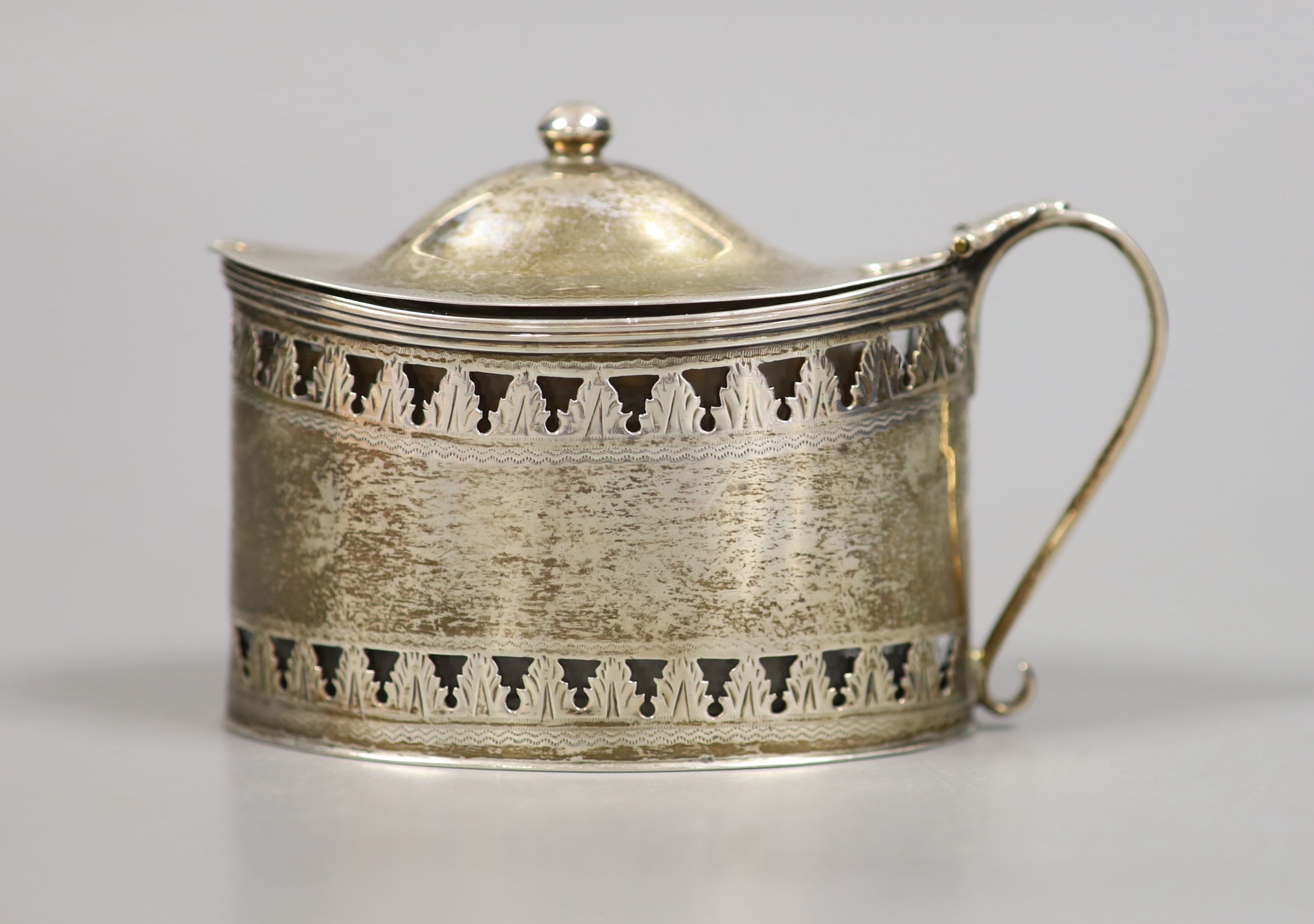 A late 18th century Scottish silver oval mustard pot, George Christie, Edinburgh, circa 1798, length 11.5cm.